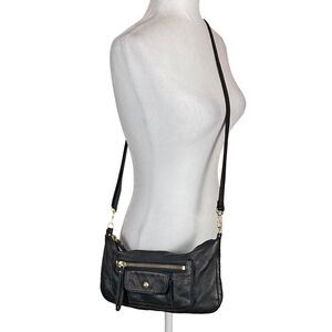 Linea Pelle Small Black Pebbled Leather Crossbody Bag Zip Top Adjustable Strap